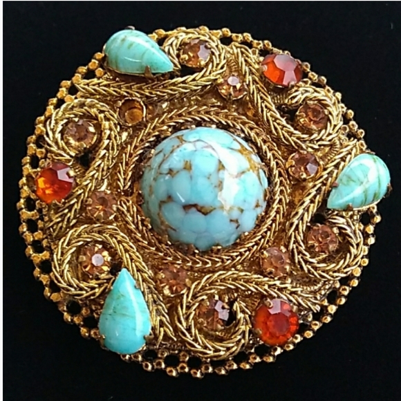AUSTRIA Turquoise Topaz Tangerine Crystal Brooch - Picture 2 of 8